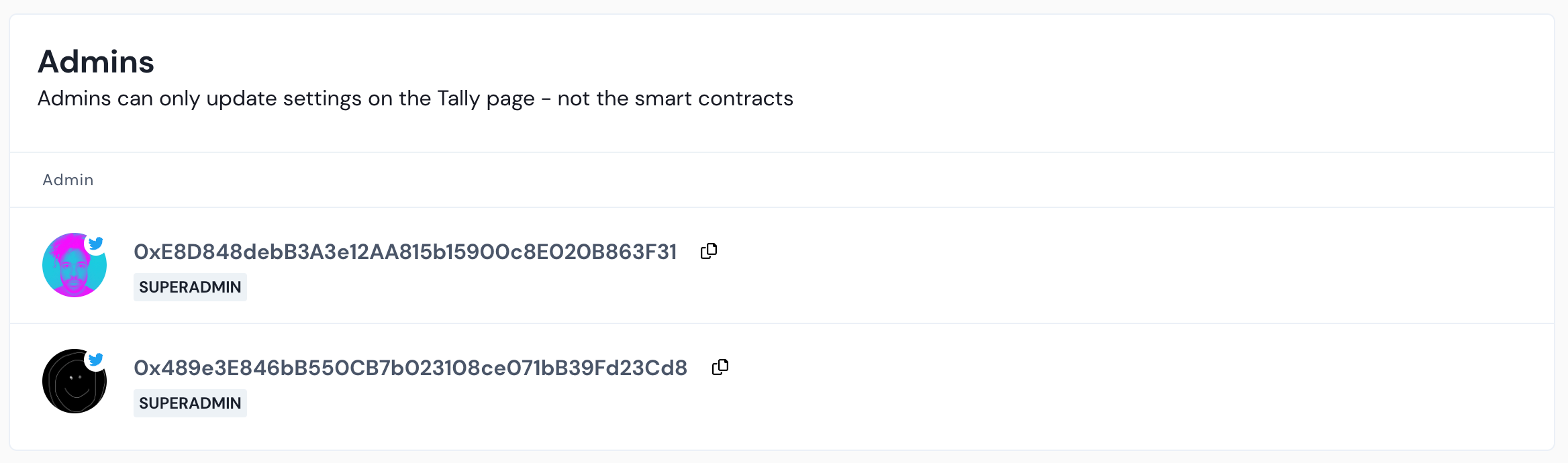 Admins section of the organization page