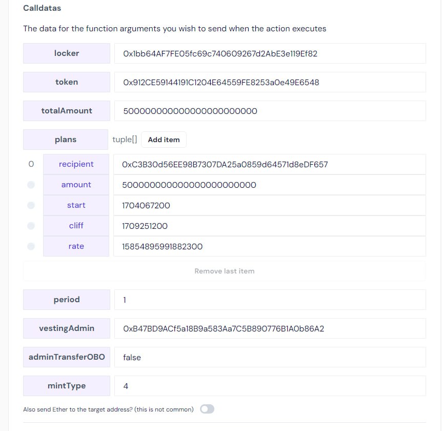 These calldatas are just examples; you will need to choose your own according to your DAO's plans.